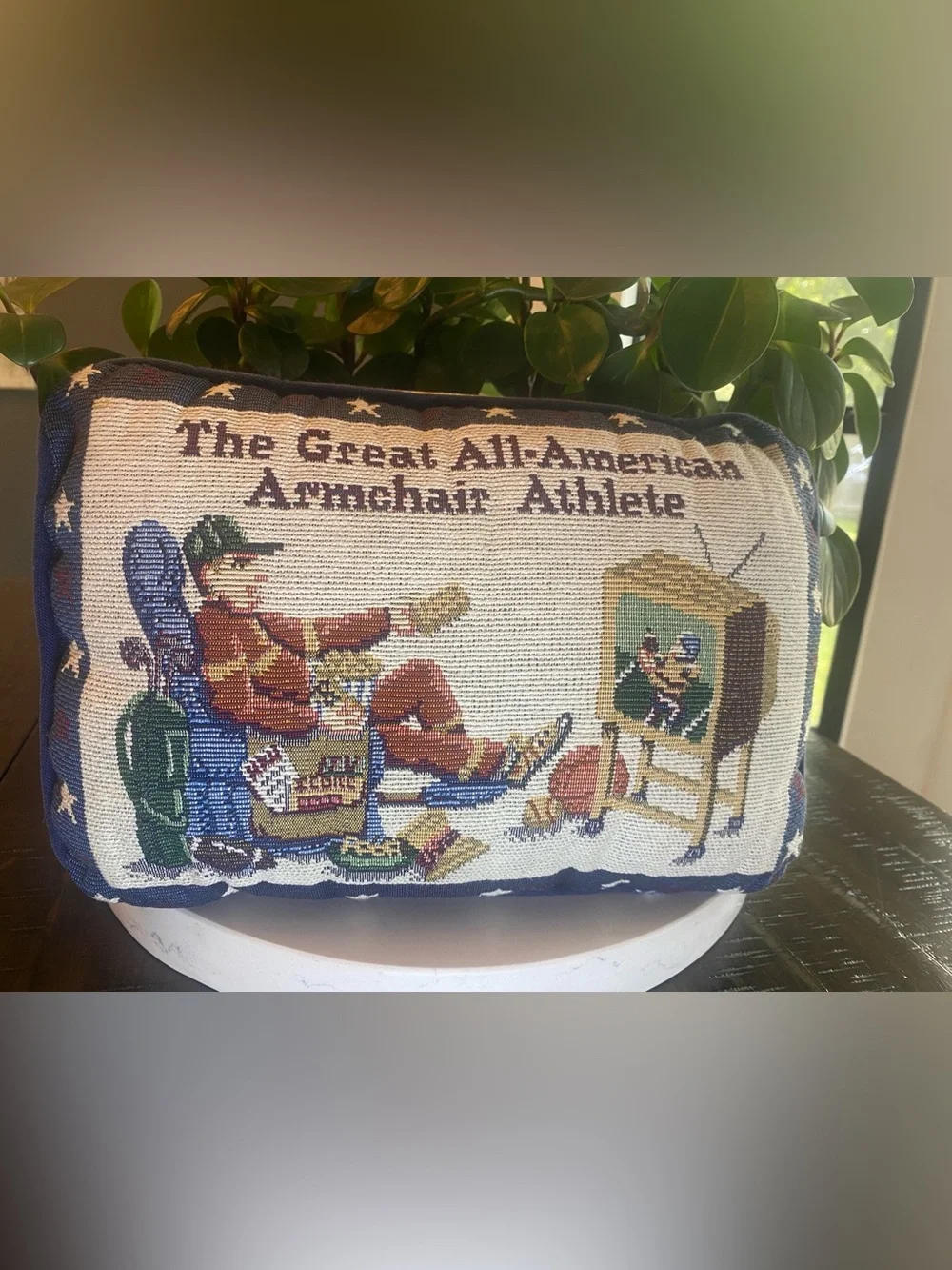 Vintage Tapestry Throw Pillow Great All-American Armchair Athlete Sports 11x8